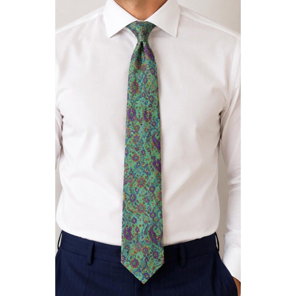 Vintage Polo Ralph Lauren Paisley Silk Tie Handmade in Italy Green Pink Necktie